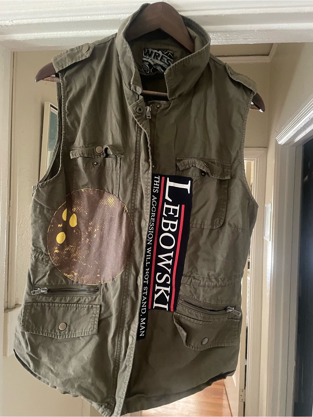 Vintage Military Green Utility Vest with Big Lebowski Patch Work